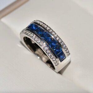 NEW 18k White Gold Blue Sapphire Diamond Ring Band